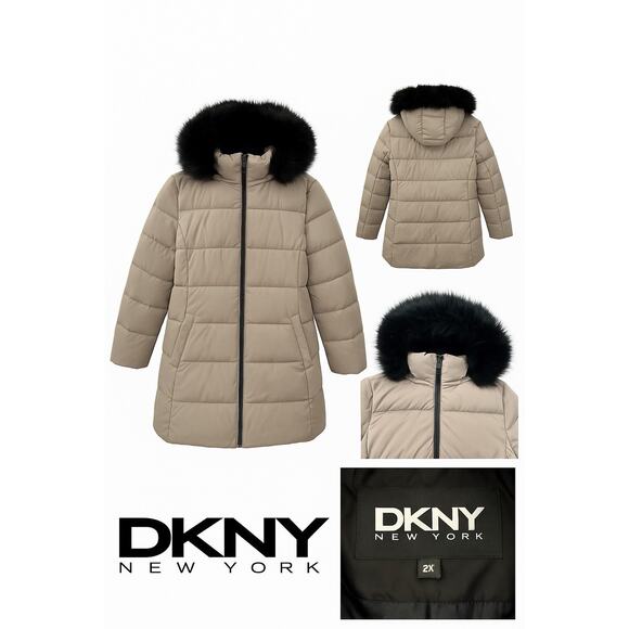 DKNY New York Women’s 2X Taupe Puffer Coat Faux Fur Hood Zip Front 2G 2TG - Picture 1 of 12